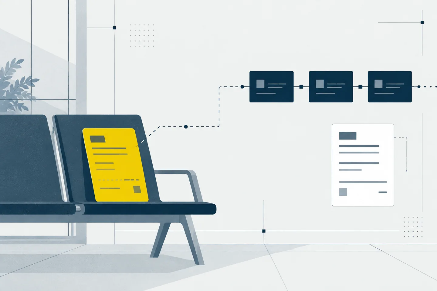 A yellow transaction slip waits on a navy bench, with a dashed path toward ledger blocks and a separate white custodian record.