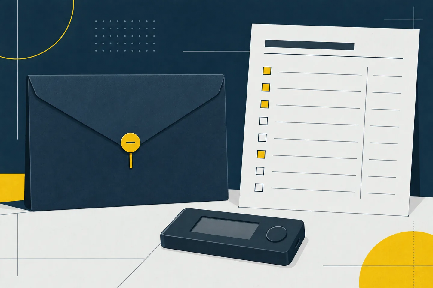 Navy sealed recovery envelope beside a separate white inventory checklist and an unbranded hardware wallet, with yellow accents.
