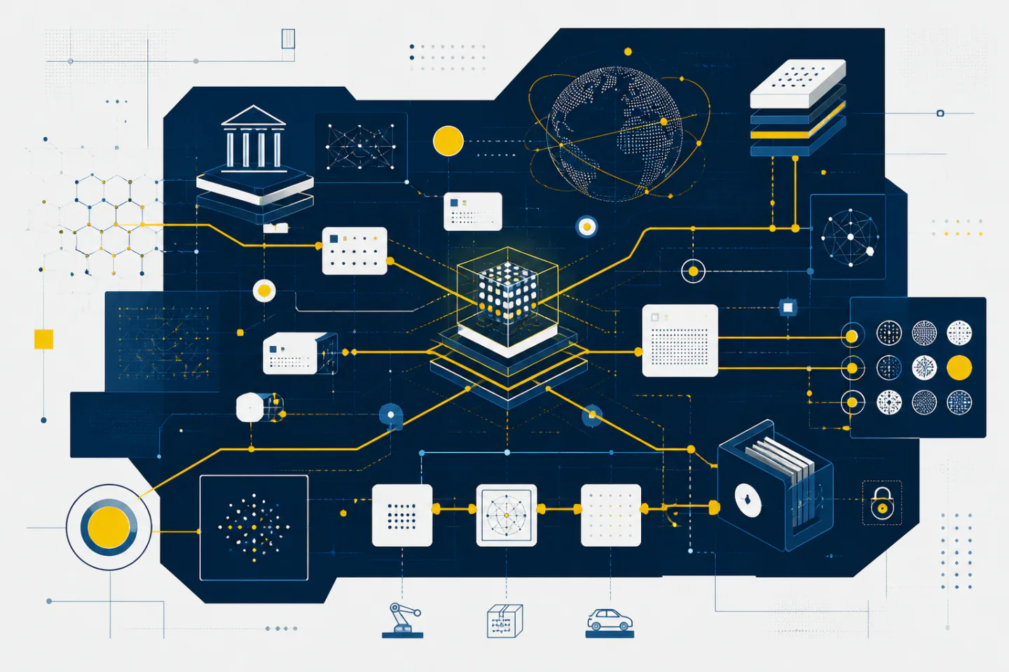 Abstract deep-navy financial network with yellow payment paths linking a globe, secure ledgers, digital wallets, and automated devices.