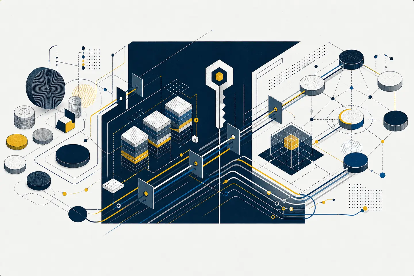 Abstract navy, white, and yellow technical illustration of coin-like discs, stacked ledgers, security gates, and transaction rails converging into a programmable money network.