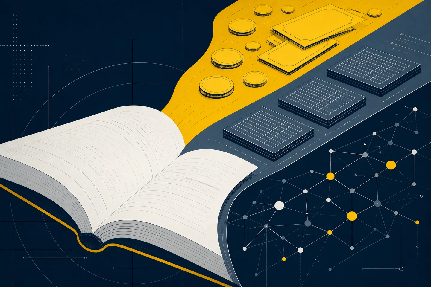 An open book fans into parallel bands of coins and blank banknotes, ledger blocks, and connected digital nodes in navy, yellow, and cool white.