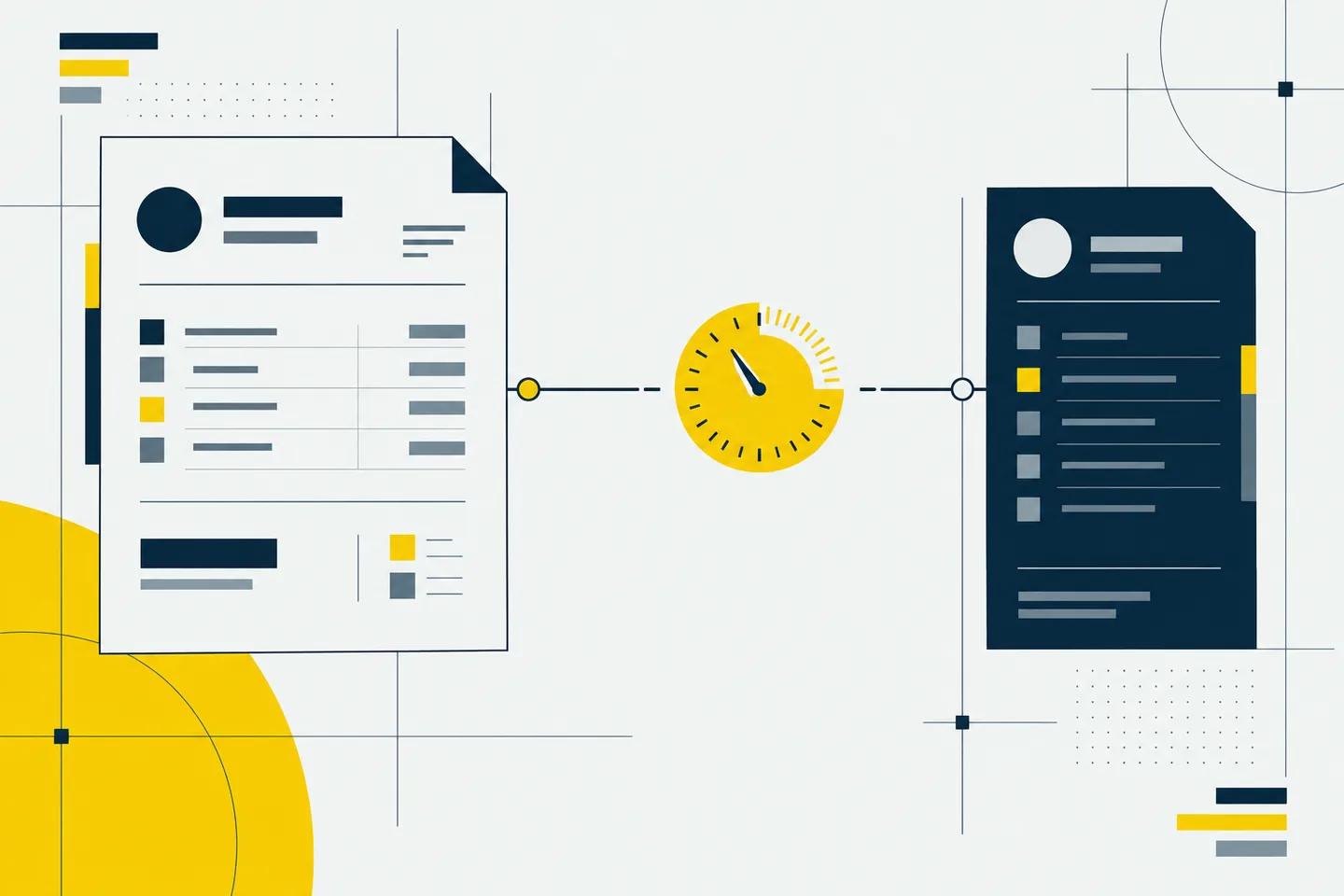 Abstract payer and recipient records connected by a broken line around a yellow countdown dial, illustrating invoice expiry and checking payment status before retrying.