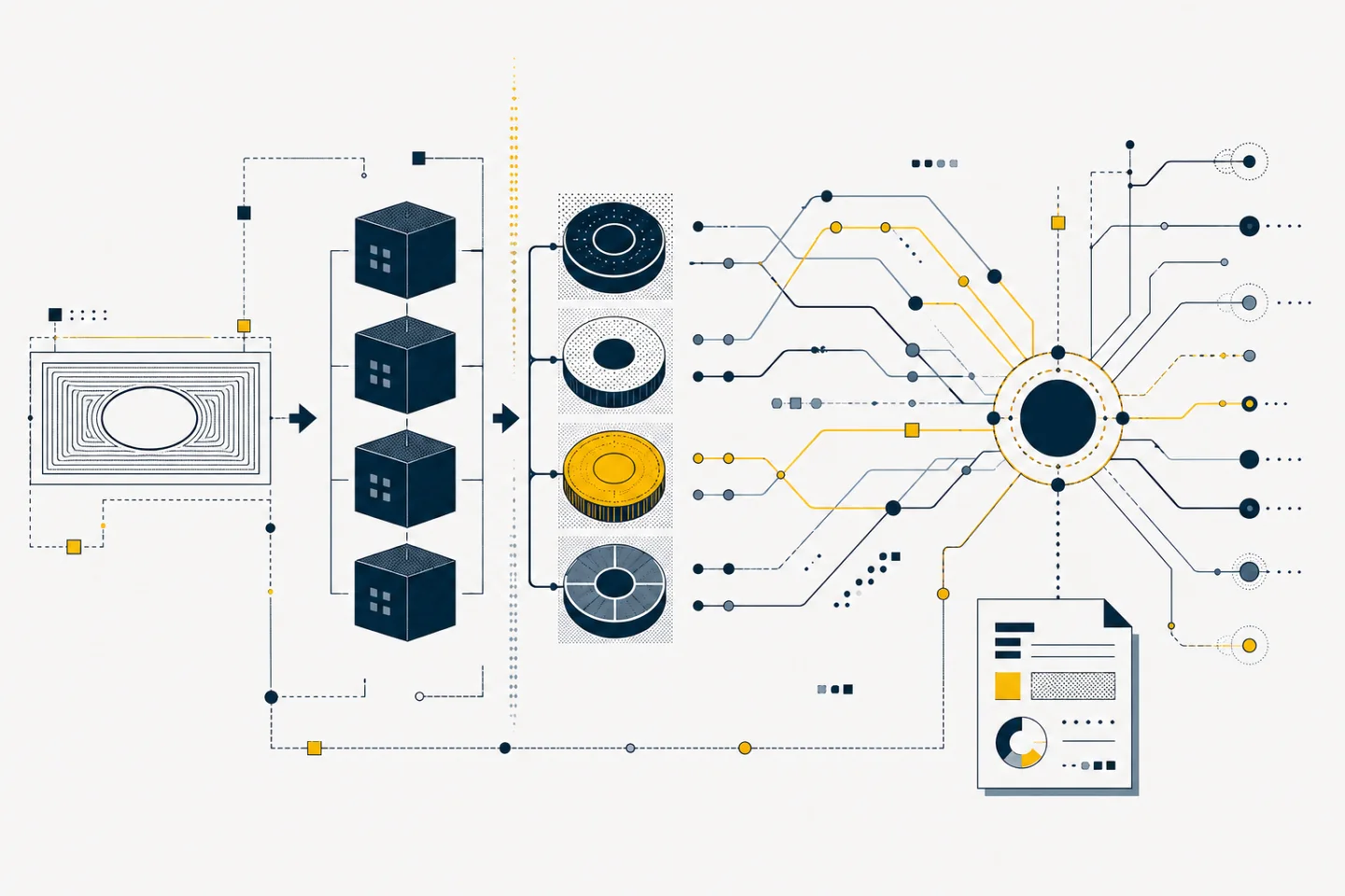 Abstract navy and yellow diagram showing a paper-value form flowing through ledger blocks, tokenized assets, and branching digital payment rails.