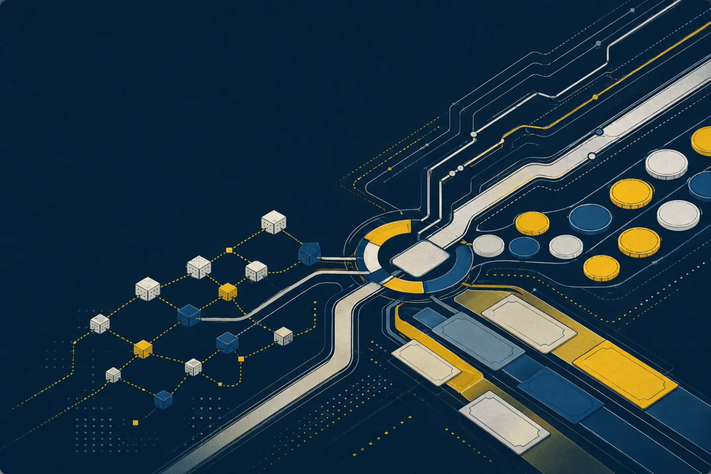Abstract navy-and-yellow illustration of linked ledger nodes, unmarked coins and banknote shapes meeting at a junction of payment rails.